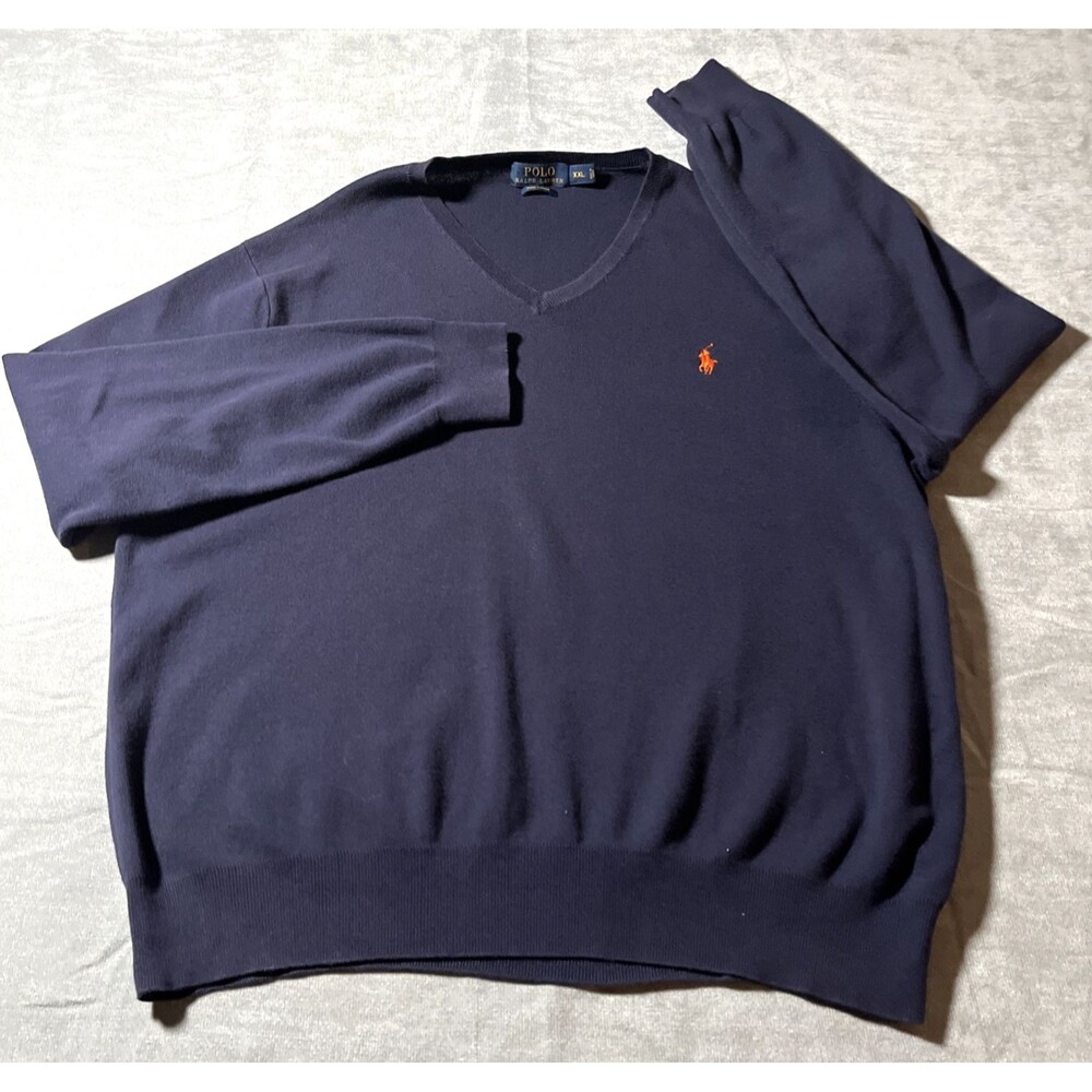Polo Ralph Lauren Sweater Men 2XL Navy Pima Cotton Pullover V Neck Sweater
